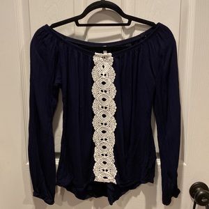 Navy Off the Shoulder Long Sleeve Top